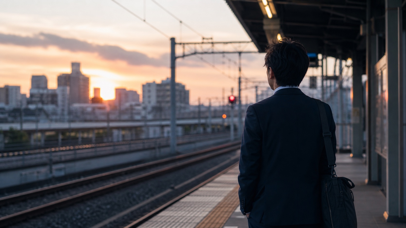 朝焼けの駅ホームで立ち止まる会社員