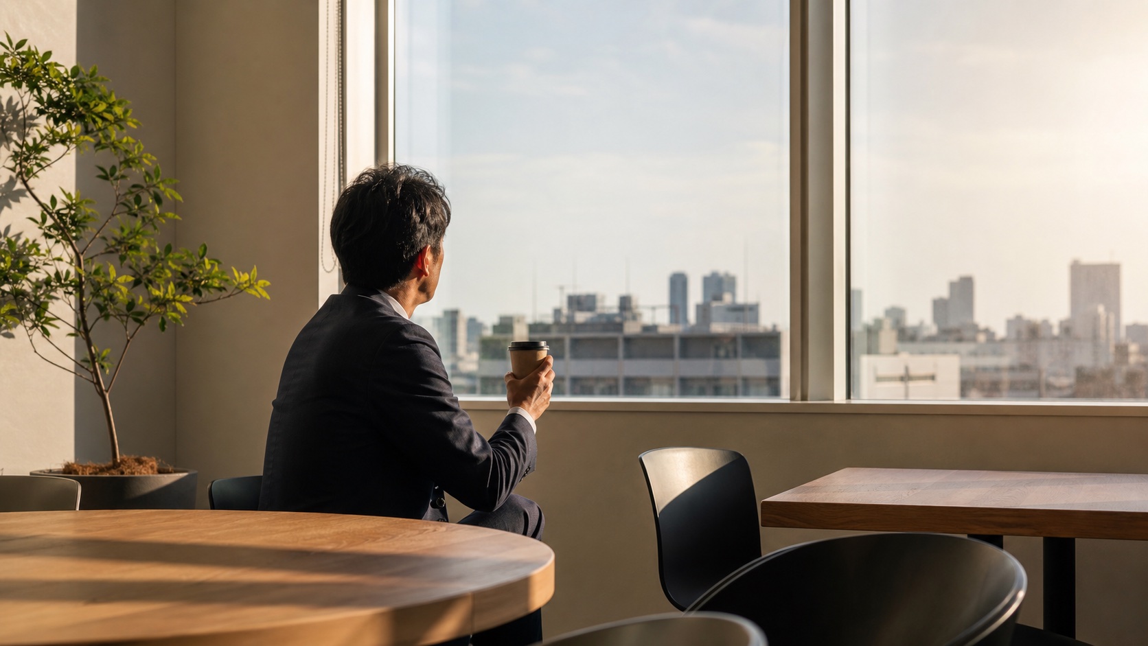 窓際の休憩スペースで外を眺める会社員